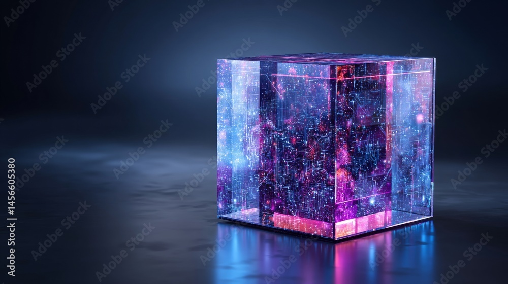 Poster a futuristic cube of technology displaying a hologram of digital data with internet connectivity set