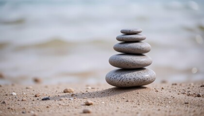Stacked stones on sandy beach with gentle waves in background.
