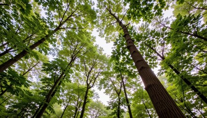 Fototapeta premium Tall trees viewed from below in a lush green forest.