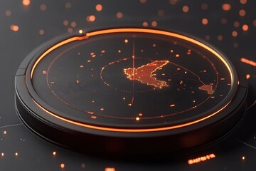 High-tech radar display showing a highlighted landmass  A glowing, circular interface depicts a detailed geographical area