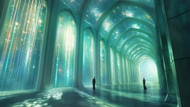 This sacred space featuring glowing projections and wireframe designs provides a serene atmosphere.