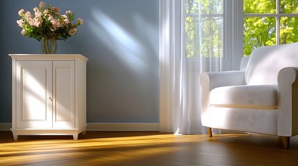 Sunlit living room with white armchair, cabinet, flowers, and sheer curtains near a window overlooking lush greenery