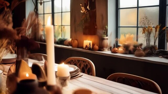 Ein gro&szlig;er Holztisch mit Kerzen, Trockenblumen und altem Geschirr. Ein gem&uuml;tlicher Essbereich voller l&auml;ndlichem Charme.
