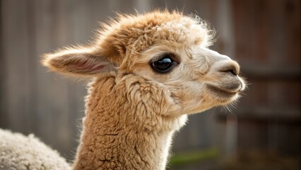 Obraz premium Alpaca Portrait Close-up Profile, Soft Fur, Gentle Expression, Animal Photography, Alpaca, Camelid, Fluffy