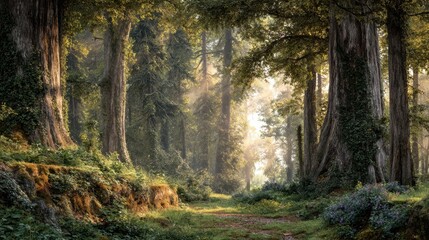 Obraz premium Golden hour illuminates a majestic ancient forest, where sunlight spills through the tall trees, creating ethereal beams amidst lush vegetation. A serene path meanders through the vibrant landscape