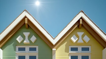 Two pastel-colored houses with gabled roofs, white-framed windows, and decorative accents under a bright sun