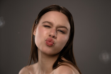 Expressive Portrait of a Woman Making a Playful Face