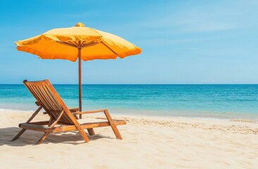 Relaxing Beach Scene with Sun Lounger and Yellow Parasol on Sand