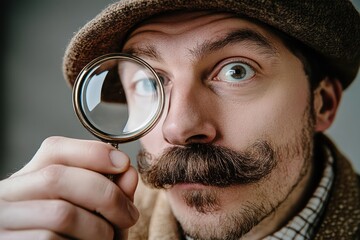 Funny man with moustache looking through magnifying glass