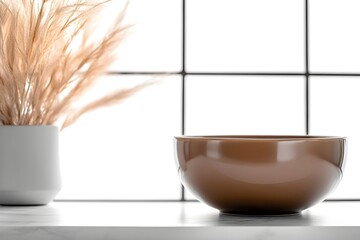 A brown bowl sits on a marble surface next to a vase of dried pampas grass against a bright window