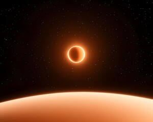 A celestial body eclipses a sun, casting an orange glow on a nearby planet's horizon against a star-studded backdrop