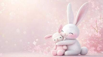 Two gentle, huggable bunnies, soft pink background.