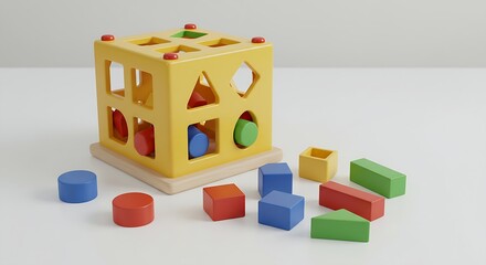 Colorful shape sorter with shapes beside it on a white surface