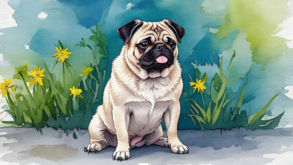 A Pug Dog puppy vector illustration in watercolor painting splash. grass and flower  background