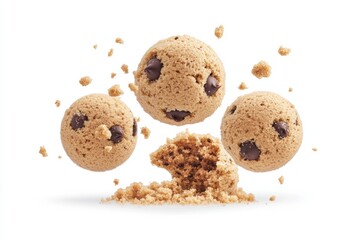 Chocolate Chip Cookies Floating Still Life Close Up on White Background Studio Shot Food Photography