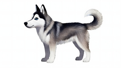 Watercolor illustration. Siberian husky puppy, a cute canine breed, and a portrait of an Alaskan malamute dog evoke a snowy, purebred animal friend