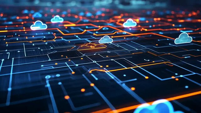 Futuristic cloud computing, data storage, and network technology concept. Digital cloud icons hover above a circuit board