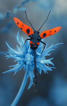 A black and red bug macro on a blue flower with a clear  background