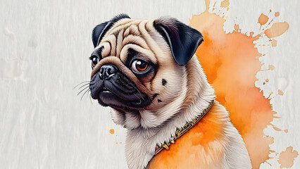 A cute, small pug dog puppy, breed with wrinkles,  isolated against a white background. watercolor