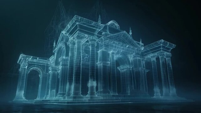 This lit wireframe cathedral displays intricate designs against a dark background.