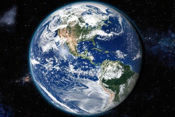 Obraz premium Earth View from Space Showing North and South America with Cloud Formations and Starry Background