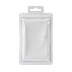 A blank plastic clamshell blister pack with a hang tab isolated on transparent background
