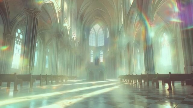 This futuristic chapel filled with ethereal light and glowing projections creates a serene atmosphere.