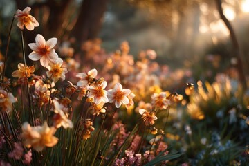A serene garden scene with blooming flowers bathed in warm, golden sunlight during early morning or late afternoon.