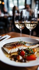 Elegant Dining Still Life of Grilled Fish with Wine Glasses in Restaurant Setting Food Photography