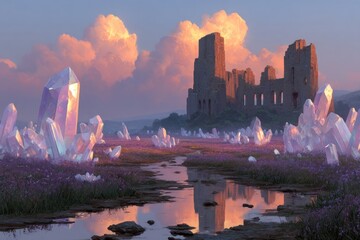 Ruined castle amid giant crystals and wildflowers at sunset, reflected in a tranquil stream under dramatic clouds.