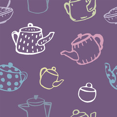 Seamless colorful pattern. Different funny tea pots. Hand draw doodle. Vector, isolated