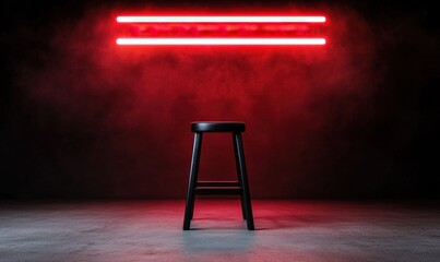 Black stool under red neon lights with fog in dark background