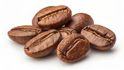 Obraz premium Close-up of Roasted Coffee Beans A Pile of Six, Macro Photography, White Background, Brown Tones, High Resolution, Aromatic, Caffeine