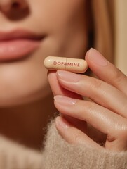 A woman's hand delicately holds a wellness capsule with the label dopamine. The warm tones and soft focus create a calming atmosphere, highlighting the importance of mental health