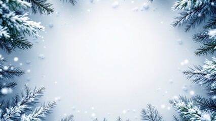 Snowy winter frame with pine branches. Christmas, New Year, winter holidays background.
