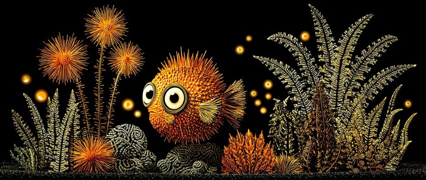 Surrounded by glowing bioluminescent plants blind cavefish abruptly unveil their vibrant luminous eyes as surreal reflections and shadows dance across the water in an ethereal display of underwater