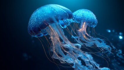 Fototapeta premium Glowing jellyfish float in the deep sea, producing a surreal underwater bioluminescent scene in the dark abyss