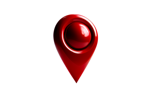 This graphic features a glossy red location pin with a rounded top
