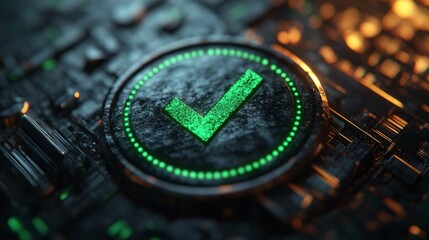 Glowing green check mark symbol on digital futuristic circuit background.