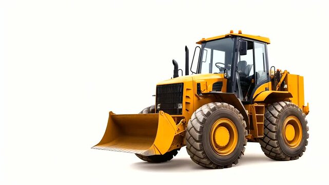 Yellow heavy front loader with massive wheels and large bucket displayed in clean white background studio setup. Industrial-grade construction vehicle with hydraulic arms extended