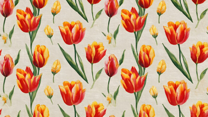 A seamless pattern displays red and yellow tulips, colorful spring flowers, on a natural green background, showcasing floral beauty