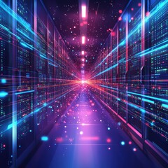 Obraz premium Data Center Hallway with Glowing Servers and Futuristic Light Trails in a Network Environment