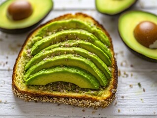 Avocado toast beautifully arranged with sliced avocado topping on whole grain bread displayed on a white wooden table with additional avocados scattered nearby.