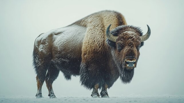 Close-up of bison face covered in snow during winter snowfall in the wild outdoors.