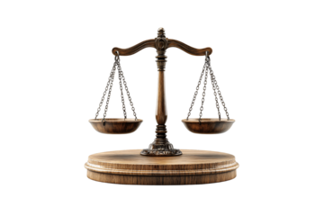 Polished dark wood balance scale on pedestal base, symbolizing authority and timeless justice with elegance, isolated on a transparent background