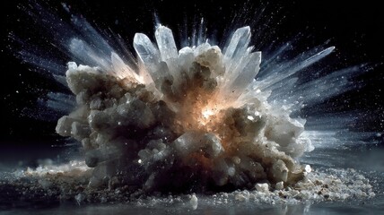 A crystal cluster bursts outward with dramatic light and energy, showcasing sharp, clear formations and dynamic motion against a dark background.