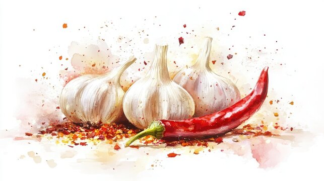 garlic cloves, chili flakes, long chilli, sizzling oil effect, soft glowing light, warm red and golden tones, artisan spice illustration, realistic botanical food drawing style.