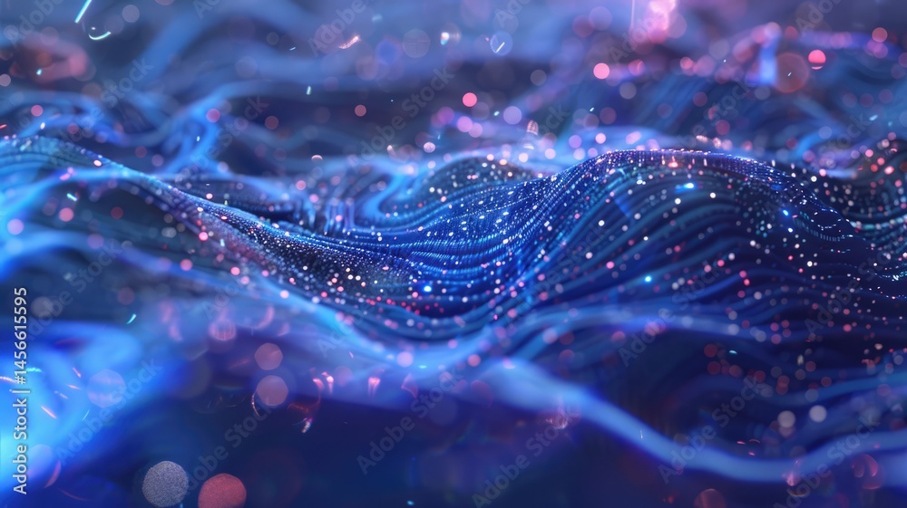 Poster dynamic abstract wave patterns in blue with bright particles create a captivating visual experience.