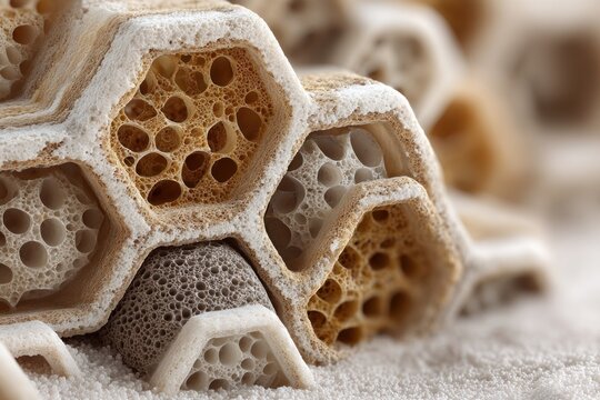 Close-up of a honeycomb structure showing intricate hexagonal patterns and detailed textures.