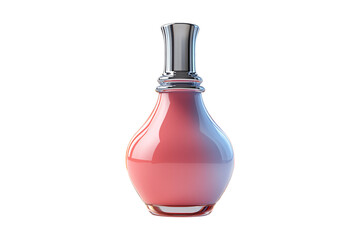Stylish tall perfume bottle with pink gradient glass body and shiny elongated chrome neck cap, isolated on a transparent background